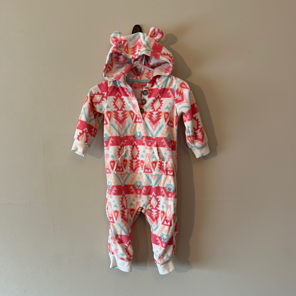 Carter’s Size 9 Months pink blue coral white Aztec Western Teddy Bear Onesie